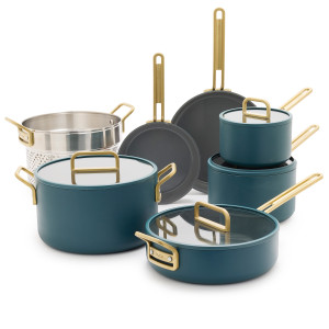 Ceramic Non-stick 11-Piece Cookware Set | Carrara White frypan 20cm frypan 26cm Covered saucepan 2QT Covered saucepan 4QT Covered sauté pan 4QT w/HH Covered stockpot 8QT Pasta Insert