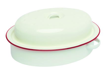 Enamel Oval Roaster with lid and red rim 3L