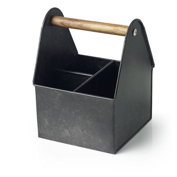 Coney Island 3-Compartment Utensil Black Caddy with Wood Handle
