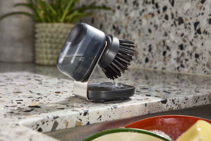 SinkTech Soap-dispensing palm brush with stainless-steel  storage stand